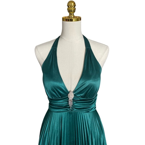Green Y2K Homecoming Pleated Halter Fit-Flare Cocktail Mini Babydoll Dress Sz M - Picture 6 of 8